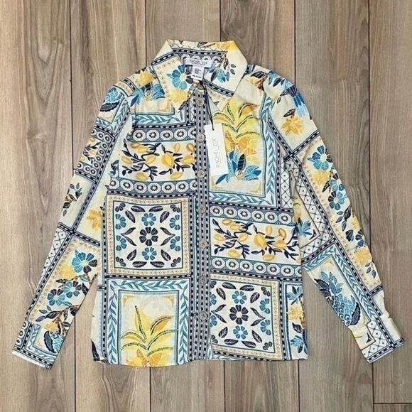 Rachel Zoe Tops - New Rachel Zoe Novelty Tropical Floral Print Shirt Yellow Blue XS